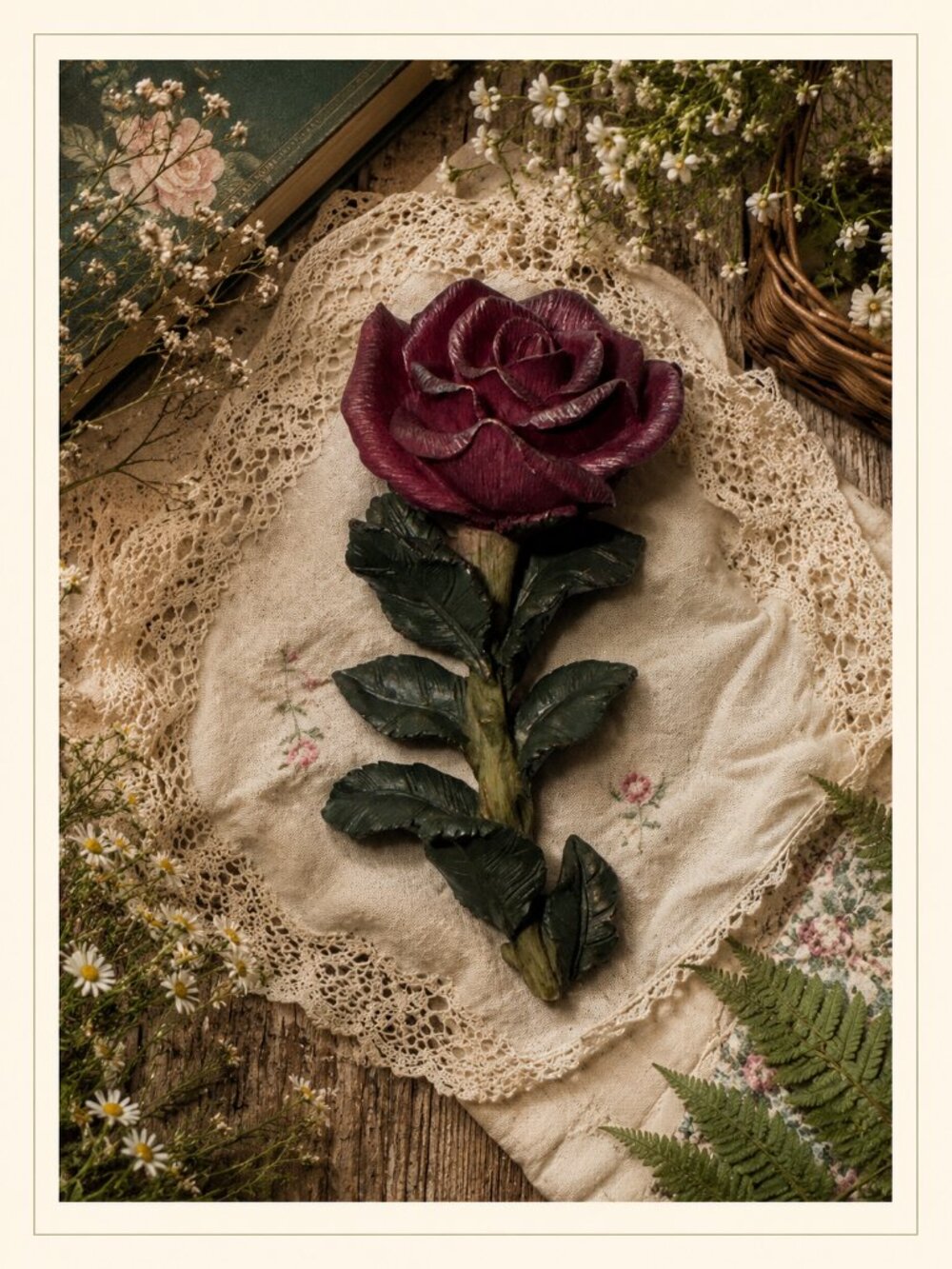 Hand Painted Burgundy Rose Resin Figurine Floral Decor 5" Long